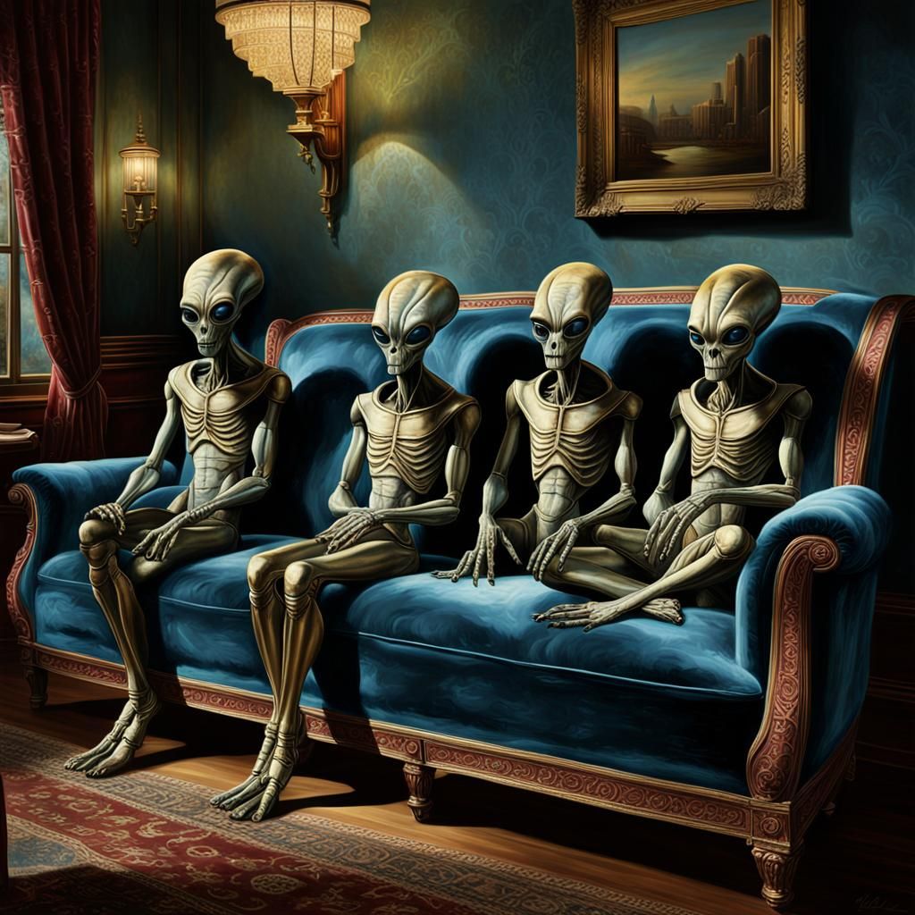 Four aliens sitting on a sofa