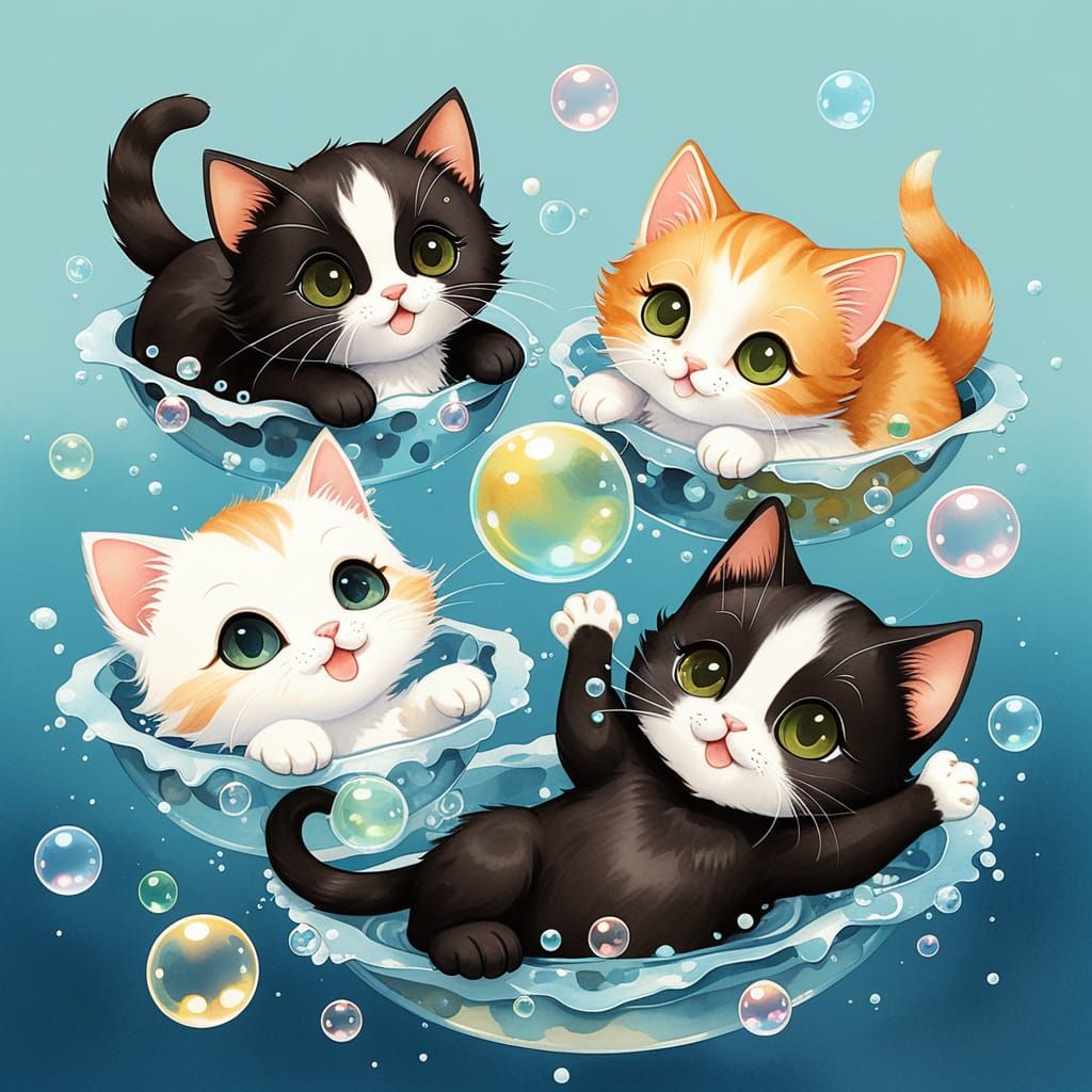 Chibi Kitten Friends Play with Soap Bubbles in a Tranquil Wa...