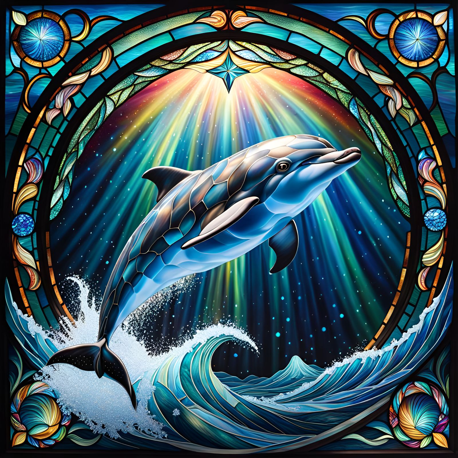 Stained Glass Dolphin Leaping Under Northern Lights