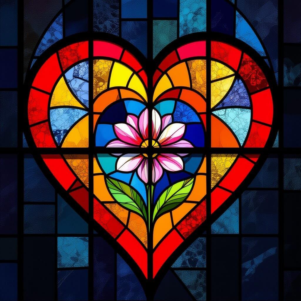Heart of Stained Glass with Growing Flower