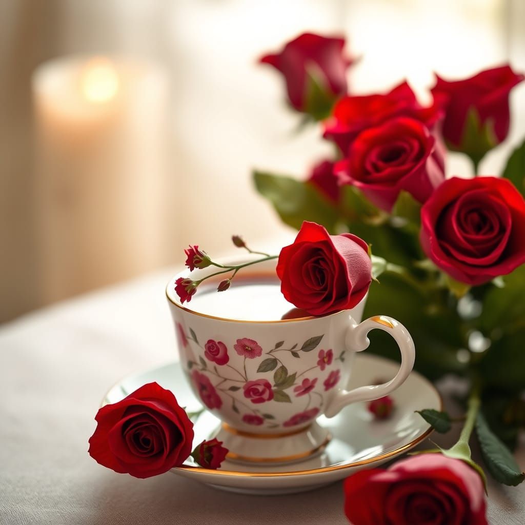 Floral cup of tea with red roses