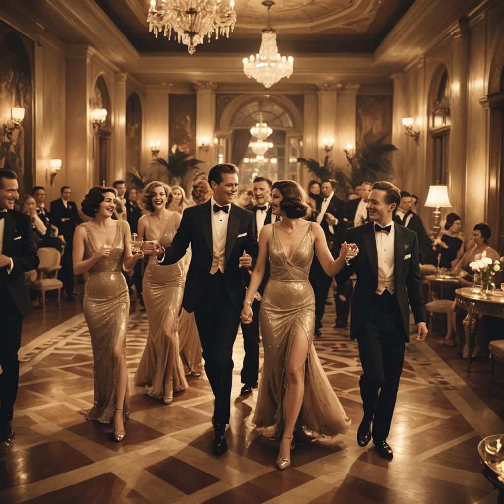 Elegant People Dancing at Vintage Mansion in Classic Hollywo...