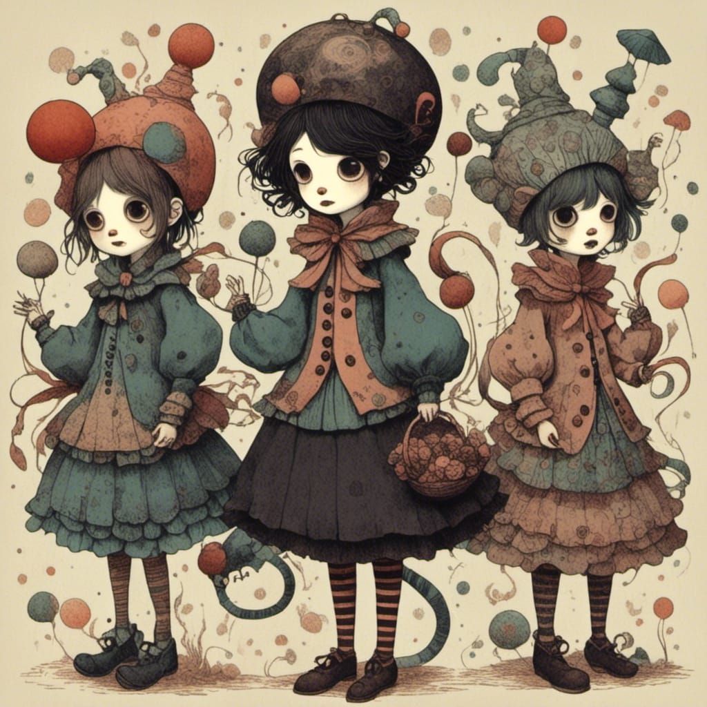 Whimsical Clowns in Dark Gothic Surrealism