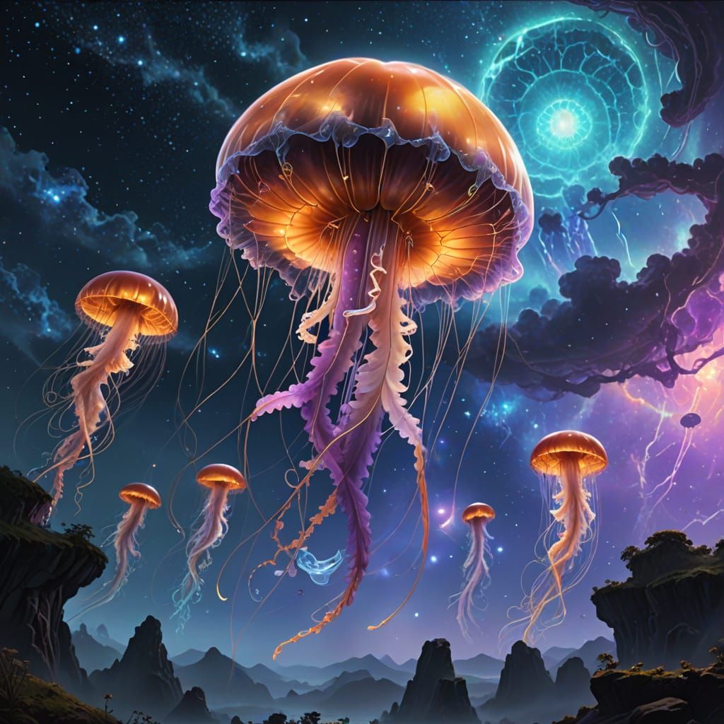 Bioluminescent Jellyfish in Nebula with Carousel