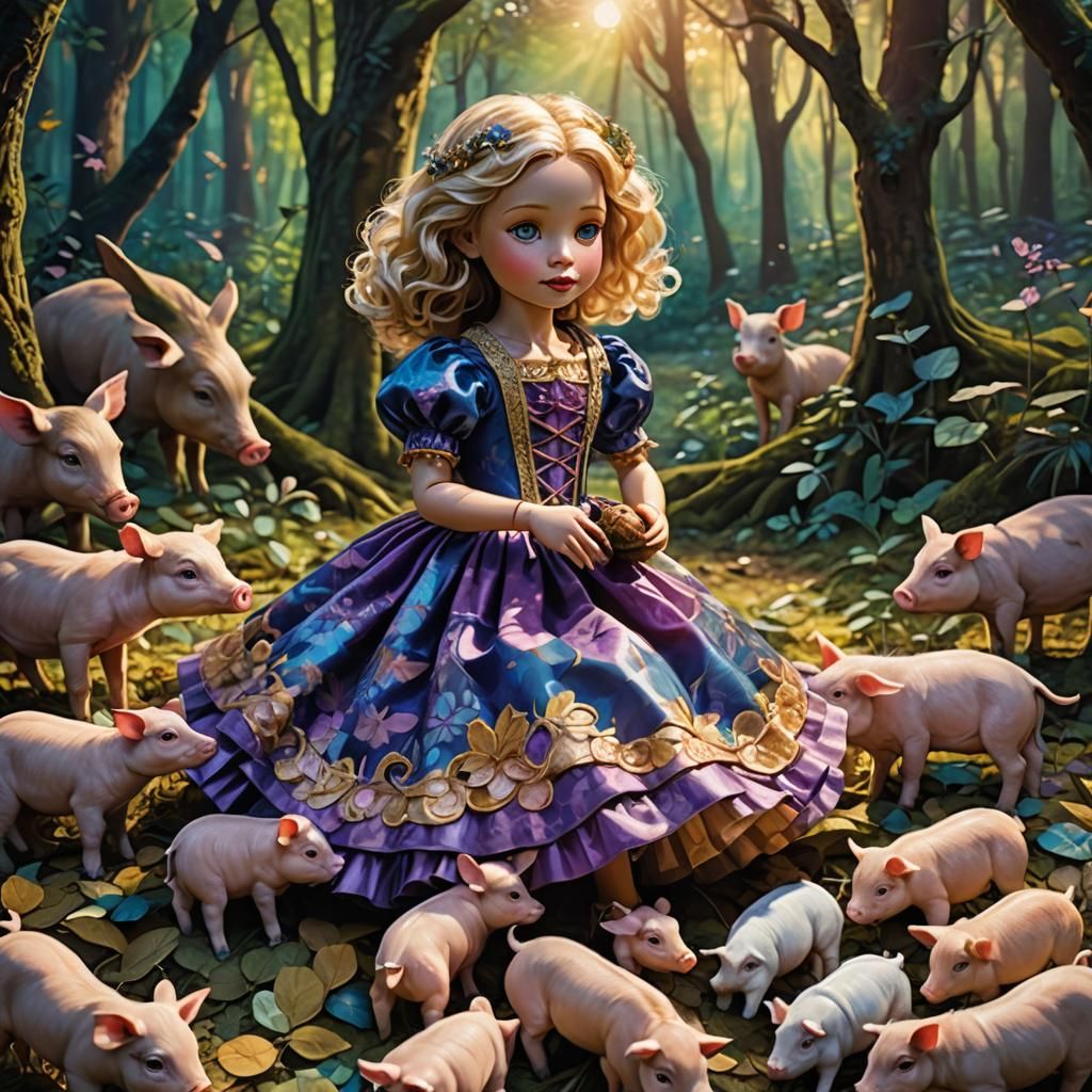 Doll and Piglets in Whimsical Forest Glade