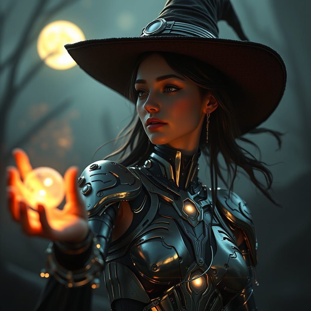 Moonlit Witch Casting Spell with Mechanical Details