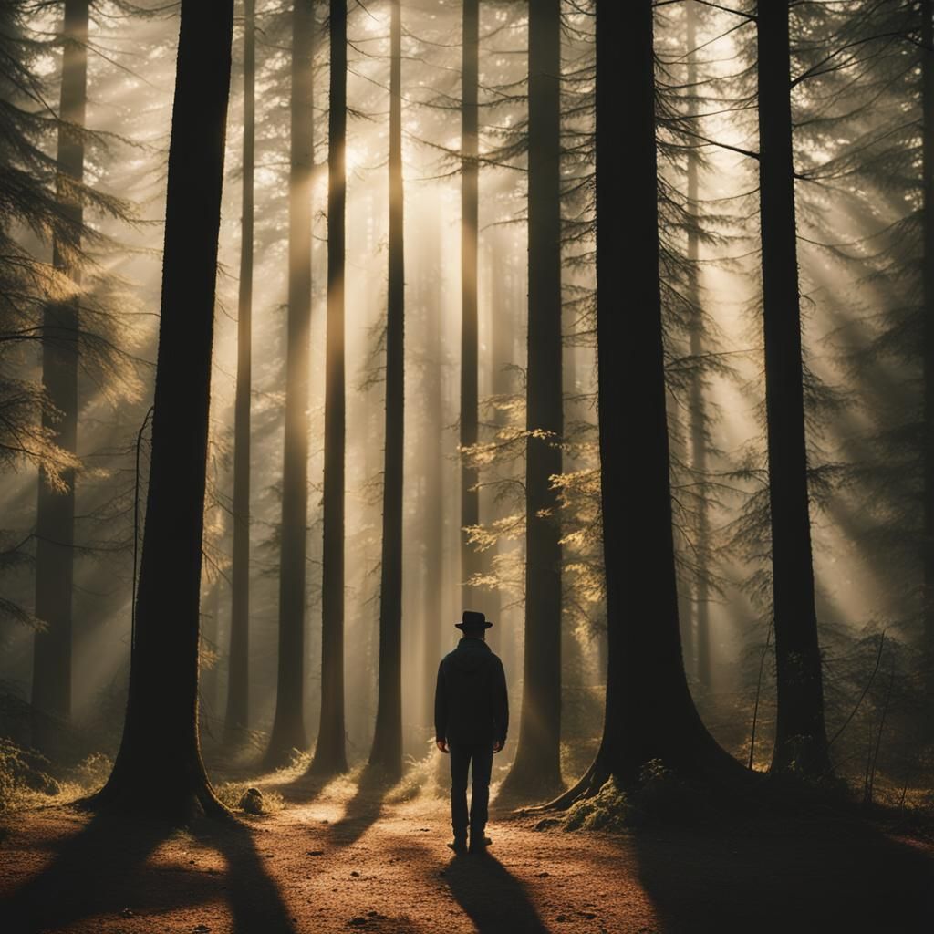 Misty Forest Figure in Golden Light: Cinematic Still