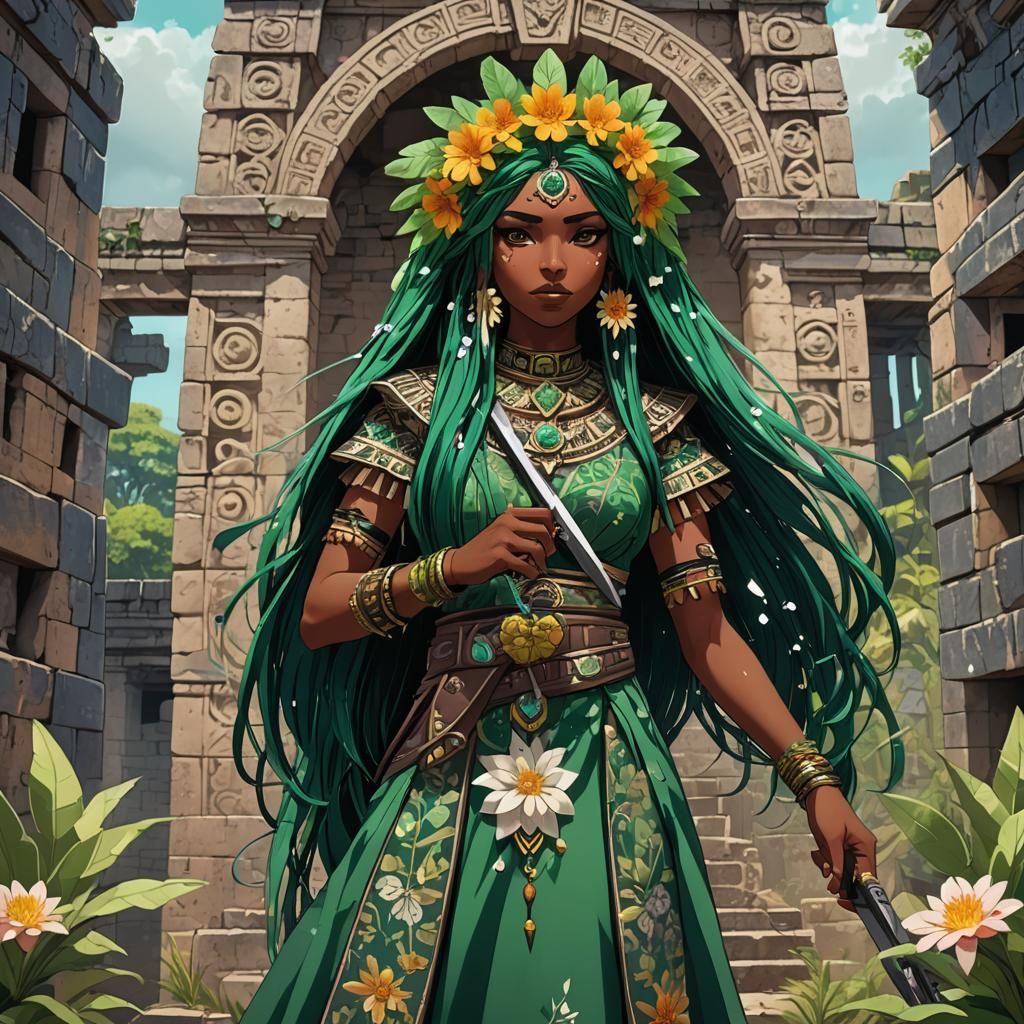 Latina Anime Girl with Obsidian Sword in Mayan Ruins