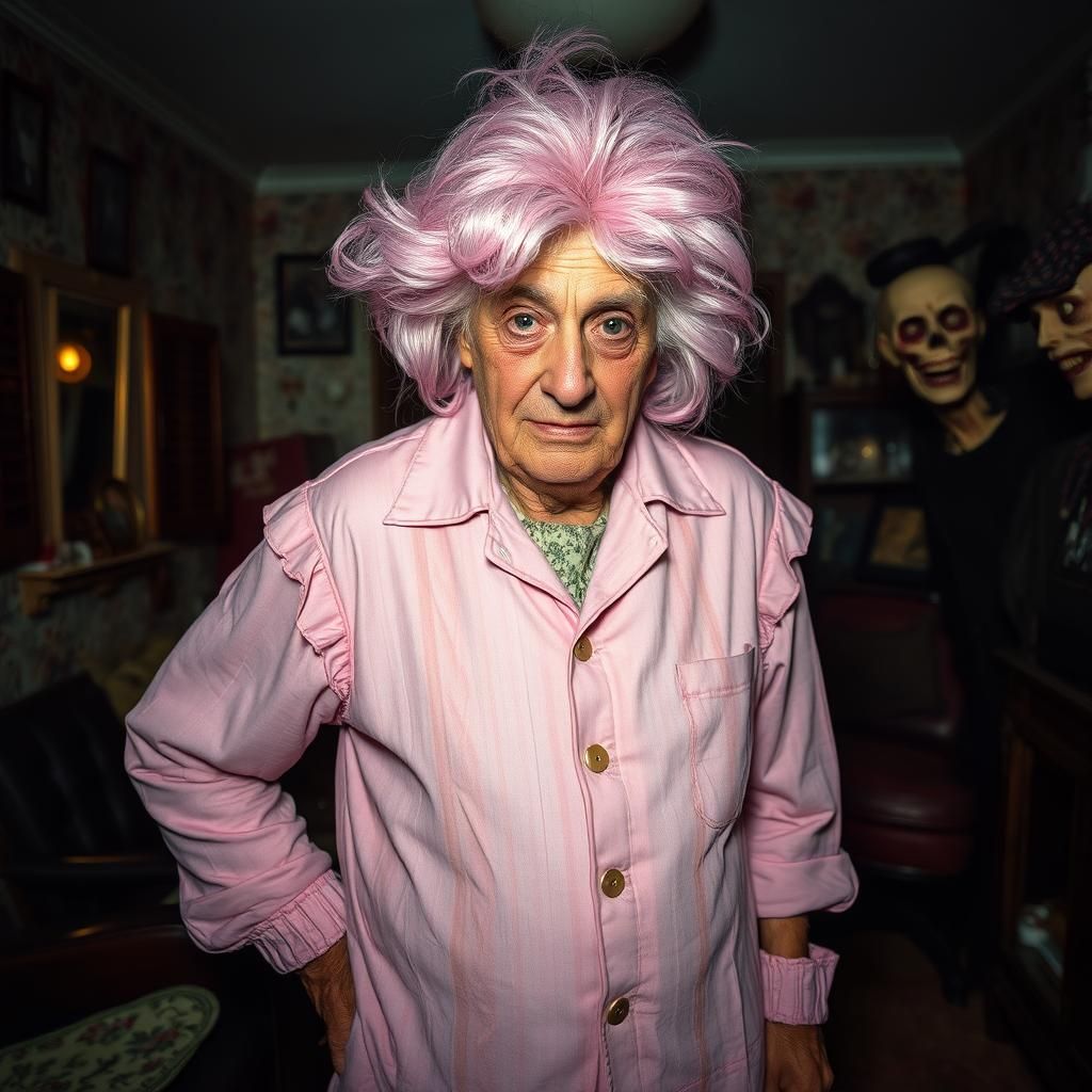Elderly Man in Pink Dress: 1980s Horror Aesthetic