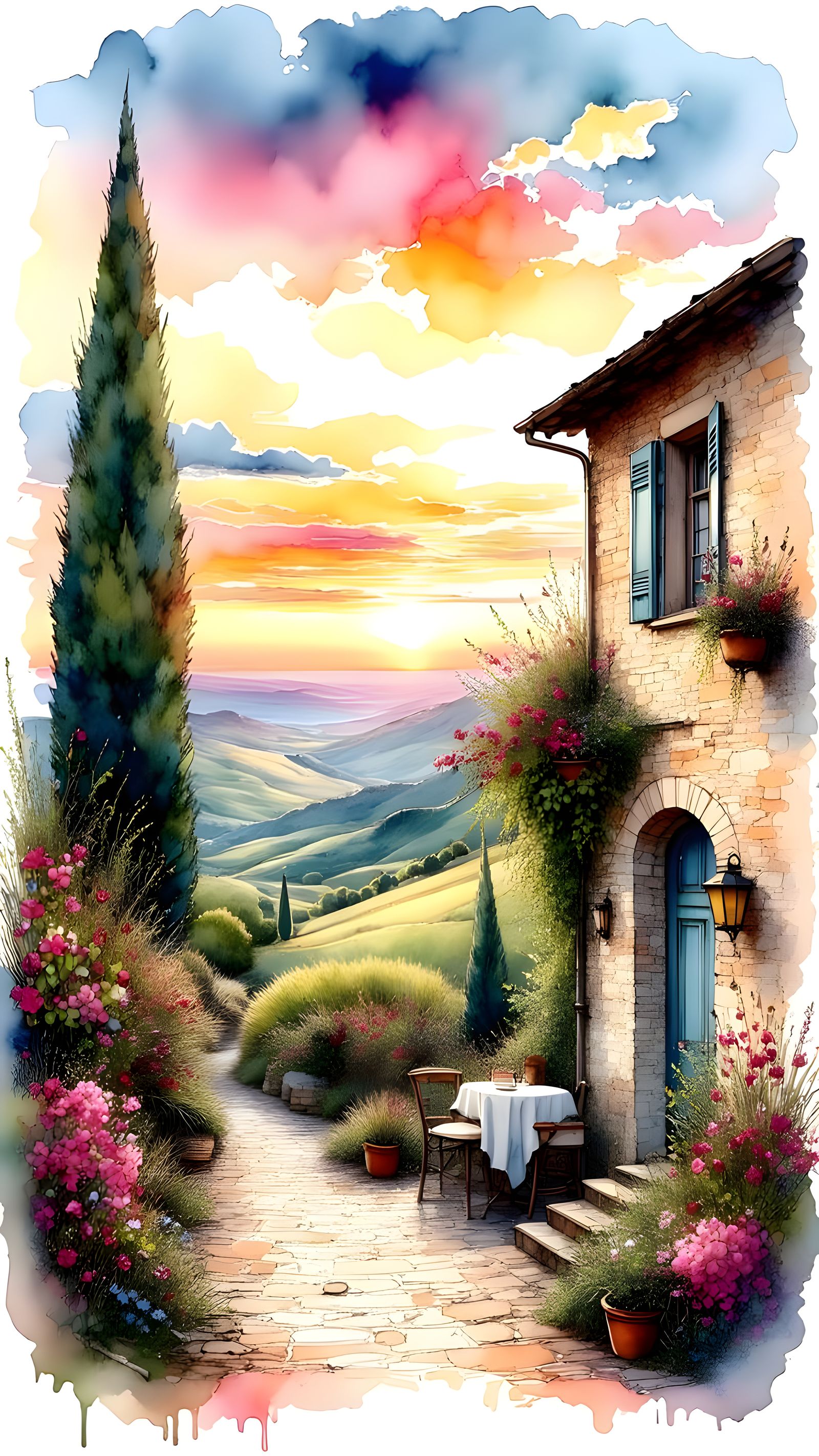 Dreamy Italian Countryside Scene in Ink and Poetry
