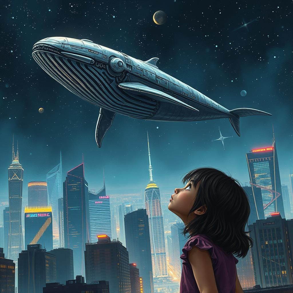 Mechanical Whale Soaring Over Metropolis in Gritty Futurism