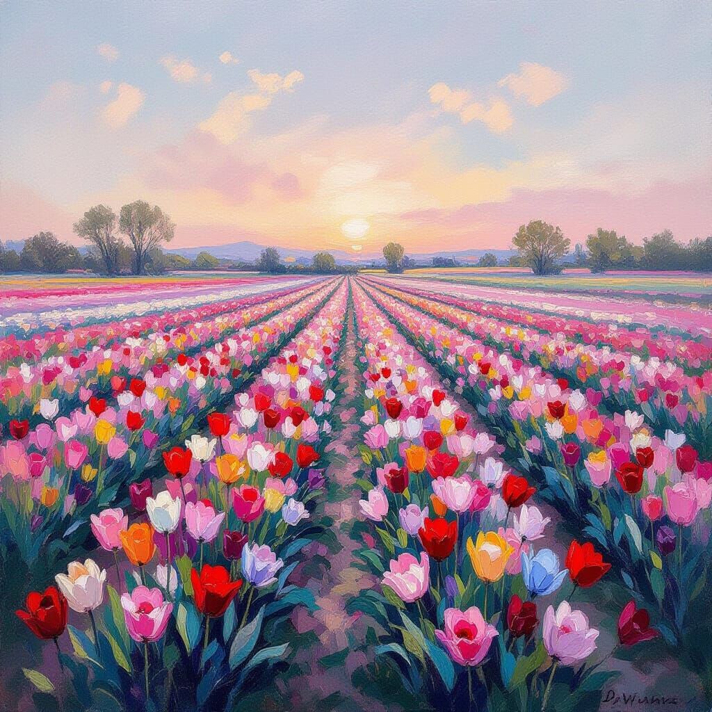 Pastel Tulips Field as Impressionistic Painting