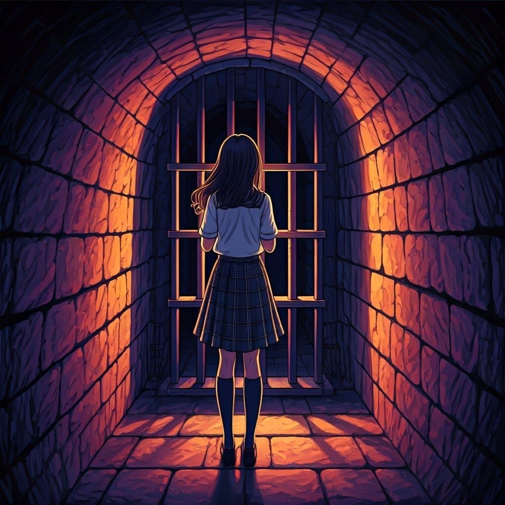 Schoolgirl in Dungeon Cell, Ghibli-Inspired Art