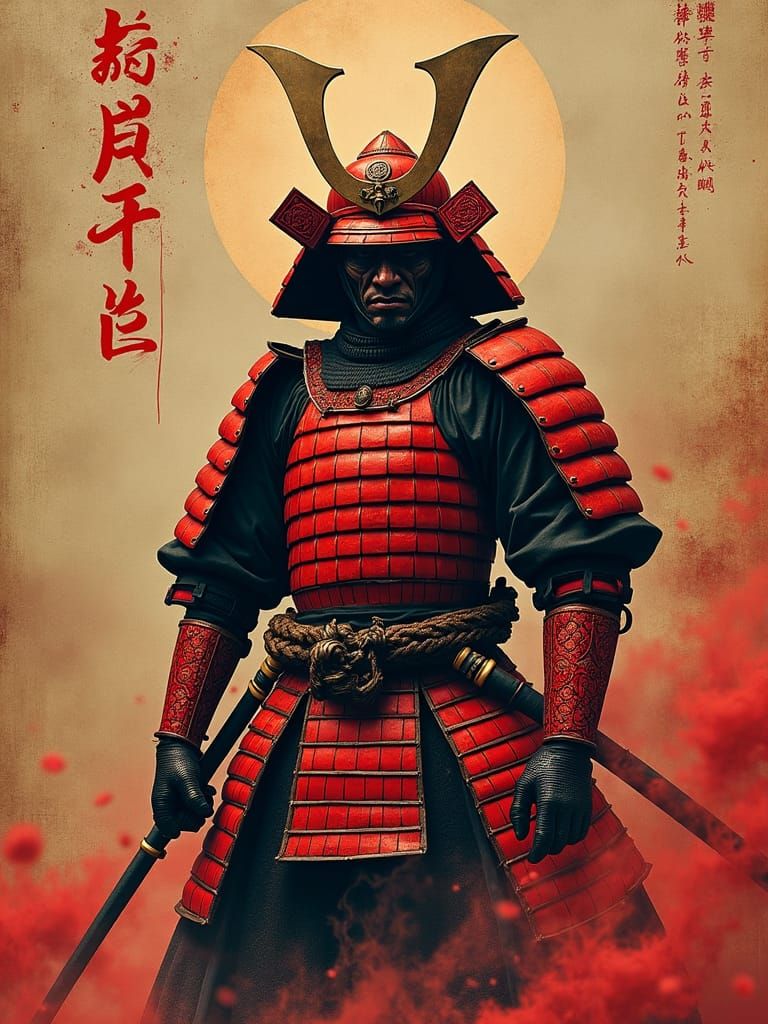 Samurai Warrior in Crimson Armor with Occult Symbols