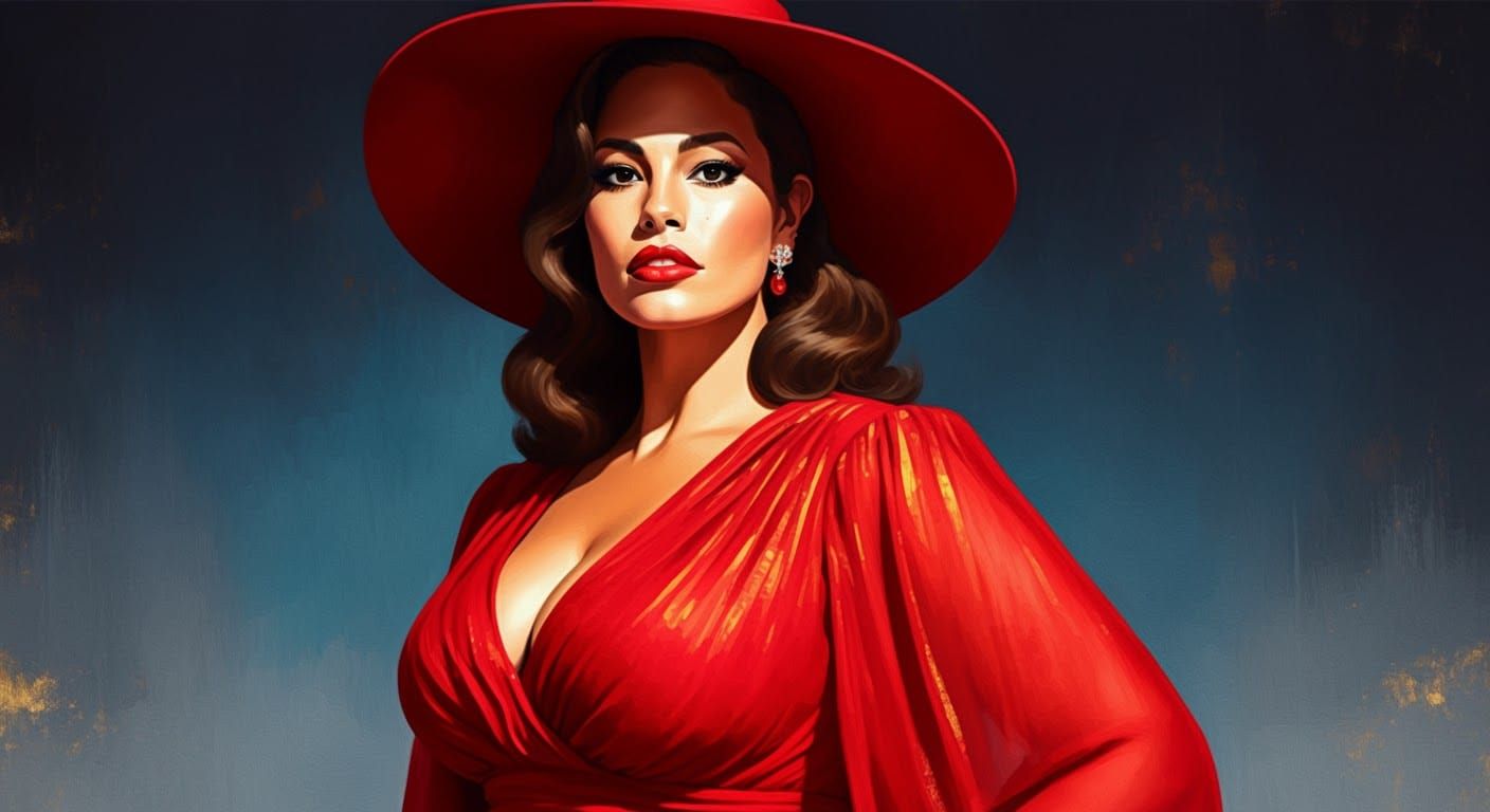 Confident Woman in Red Dress, Impasto Painting