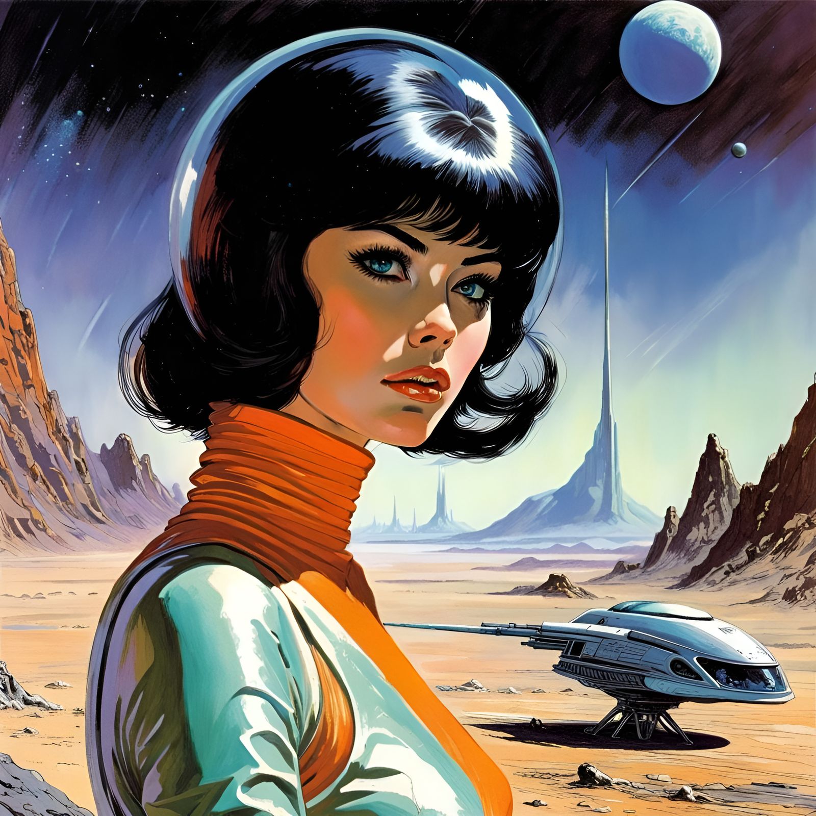 Astrogirl on Alien Planet in Retrofuturism Style