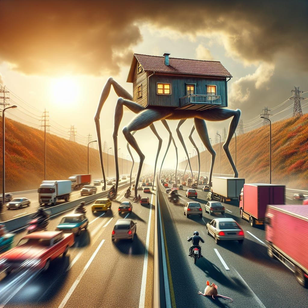 House on Legs Chasing Mouse on Highway