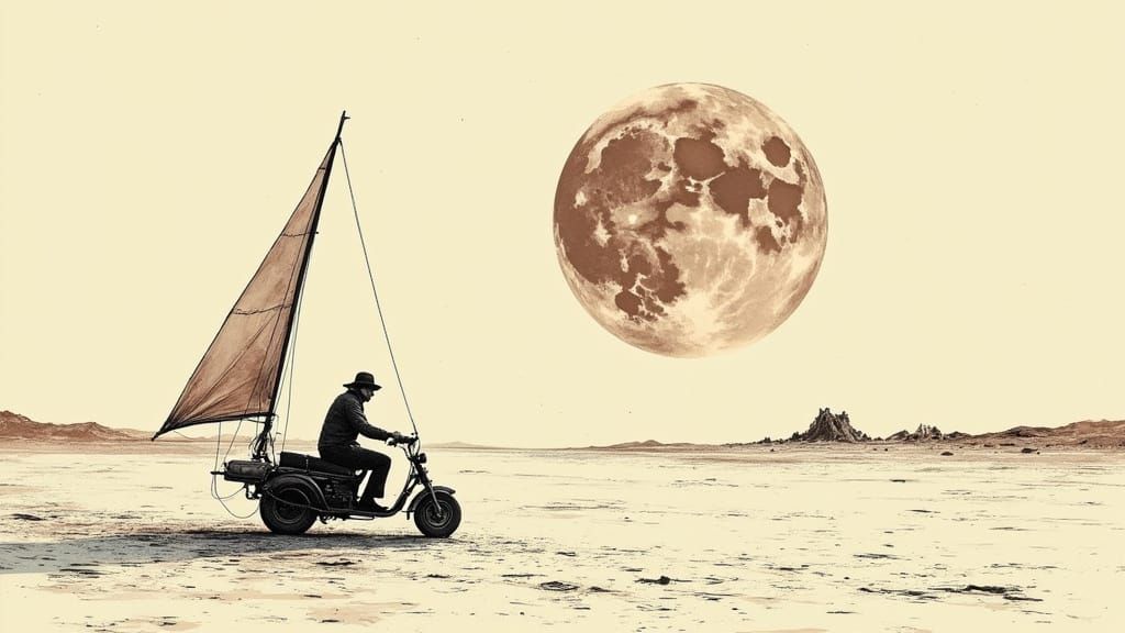 Dreamlike Postapocalyptic Rider on Wind Sail Trike