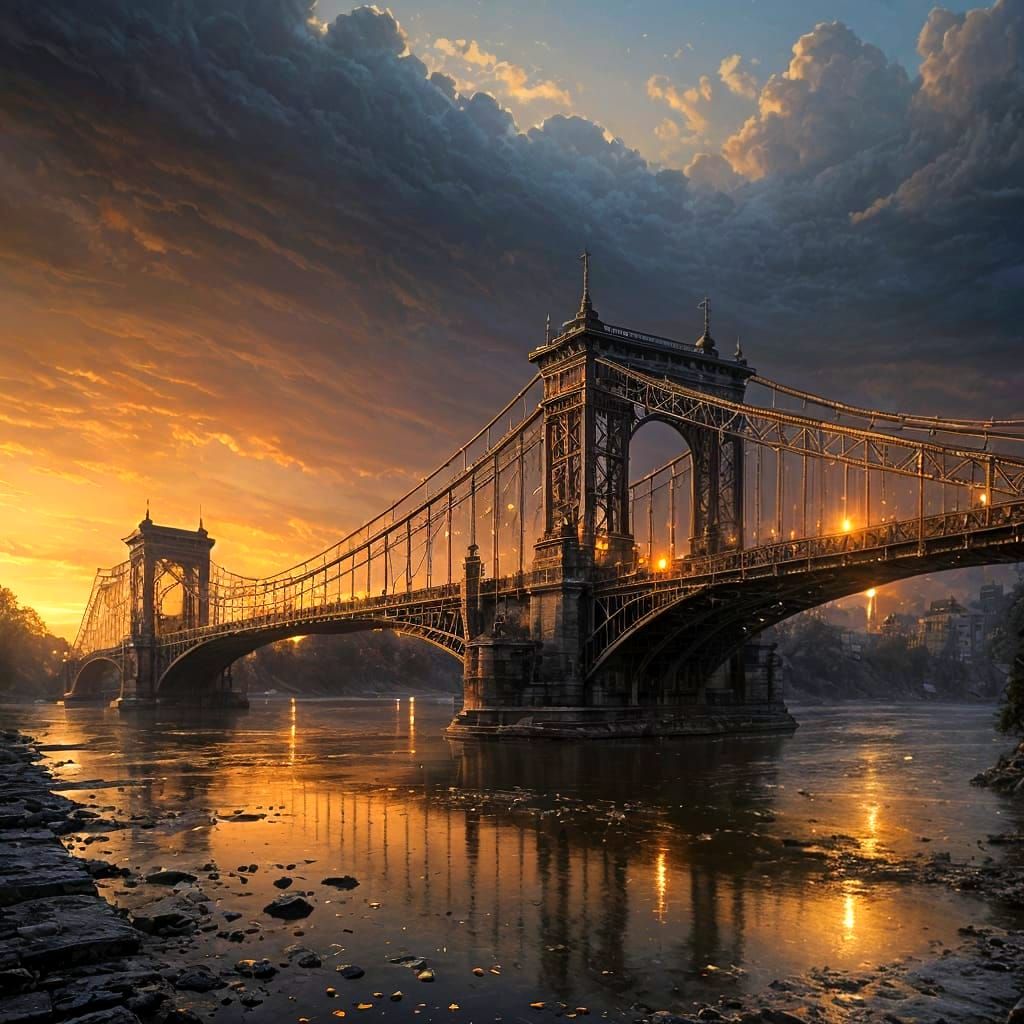 Iron Bridge at Sunset: Detailed Matte Painting