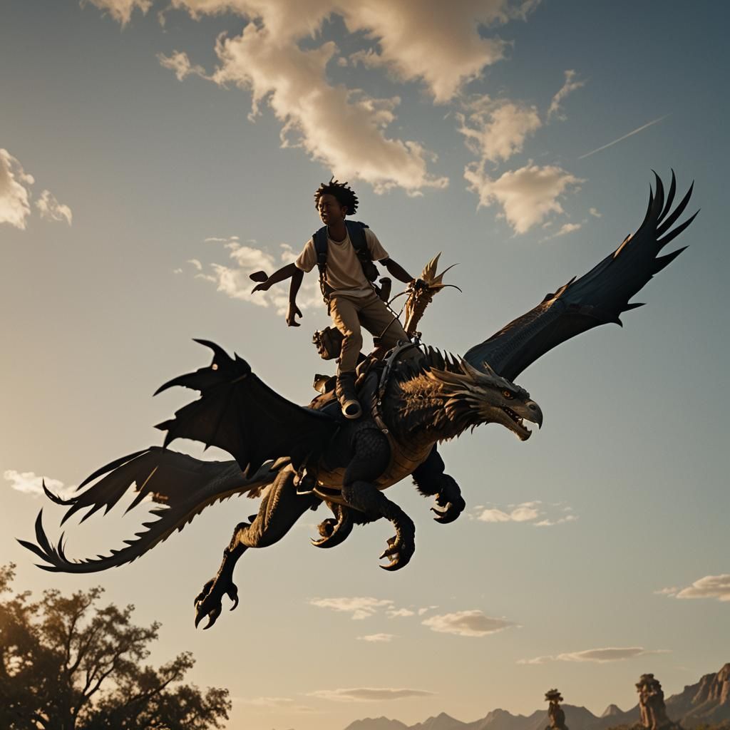 Boy Rides Dragon in Cinematic Golden Hour
