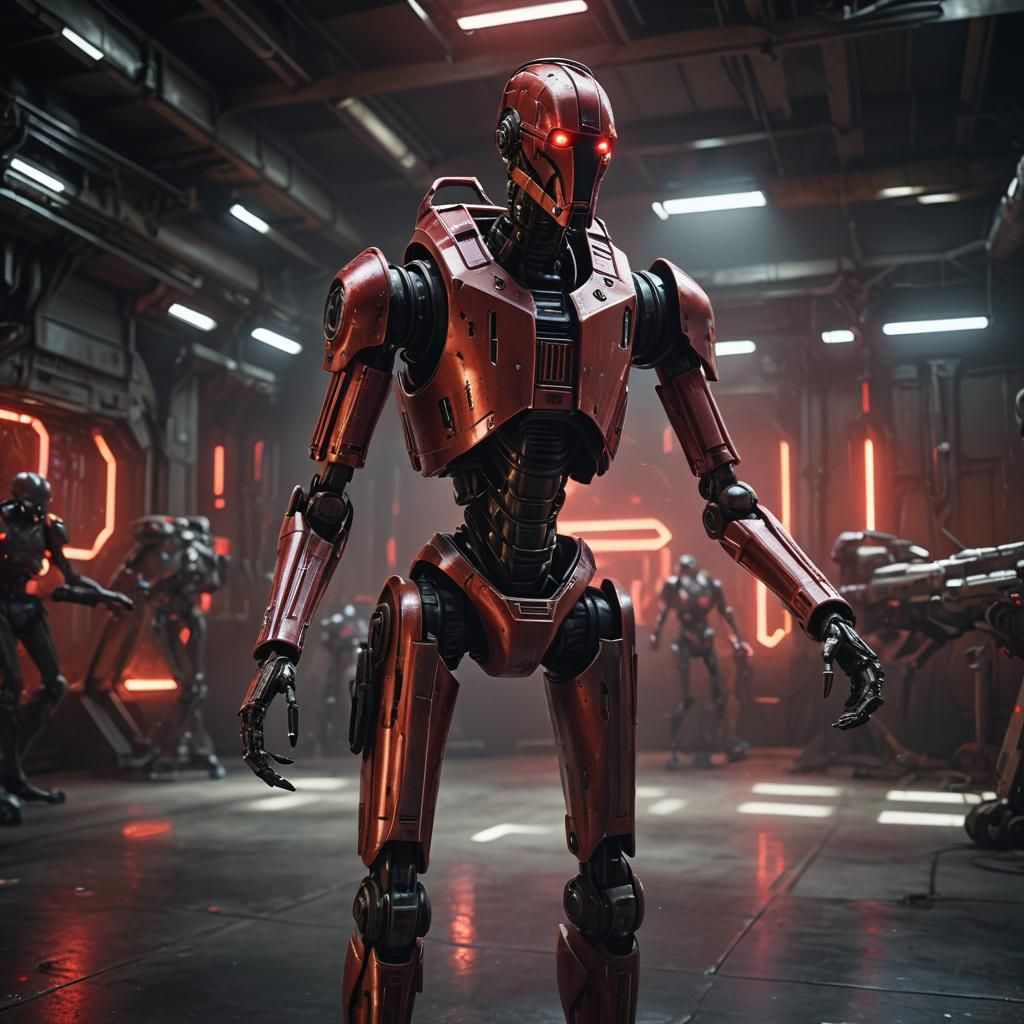 Futuristic Separatist Droid Army Stand Ready in Dimly Lit Ha...