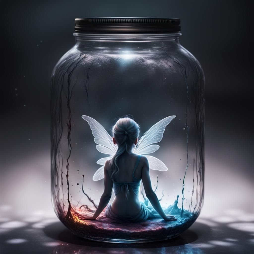 A fairy trapped inside of a jar.