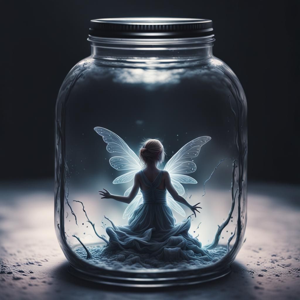 A fairy trapped inside of a jar.