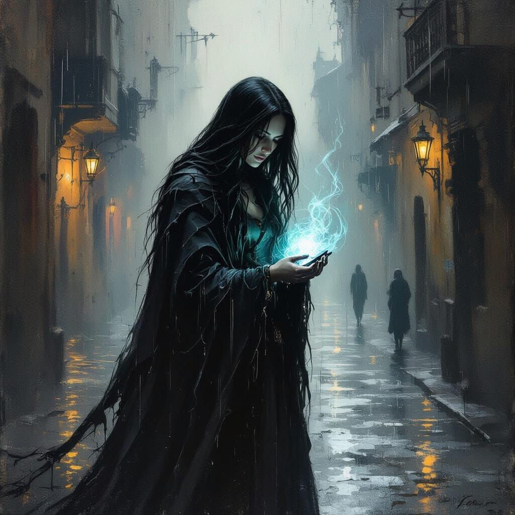 Gothic Woman with Glowing Device in Rain-Slicked Street