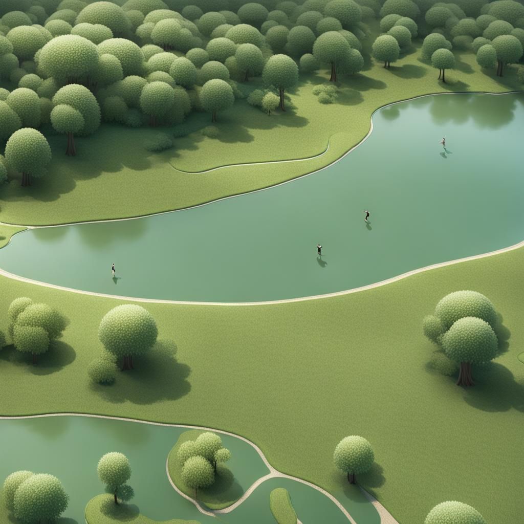 Surreal Broccoli Trees Landscape with Smooth Lake