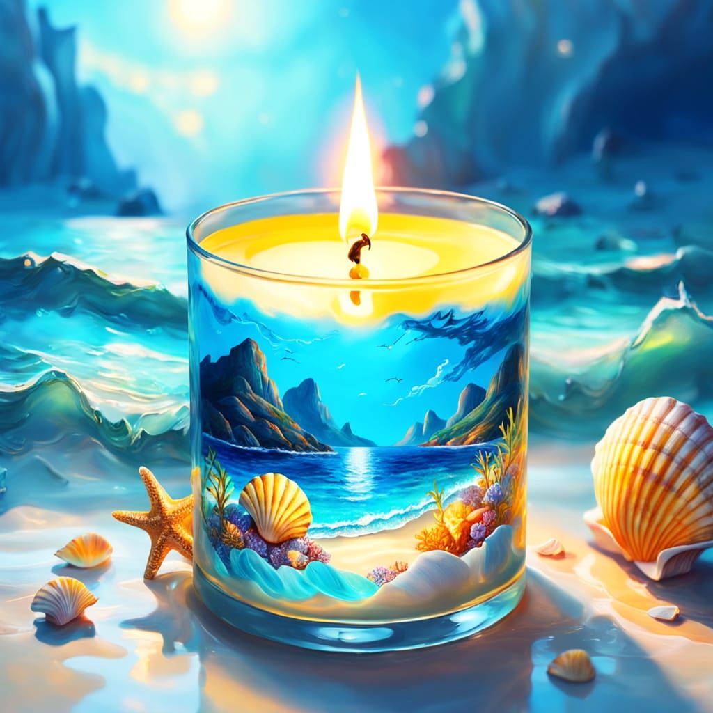 Ethereal Candle on Seashell with Fantasy Ocean Double Exposu...