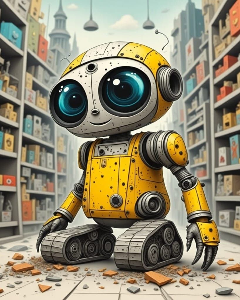 Cute Robot in Toy Store, Watercolor Style
