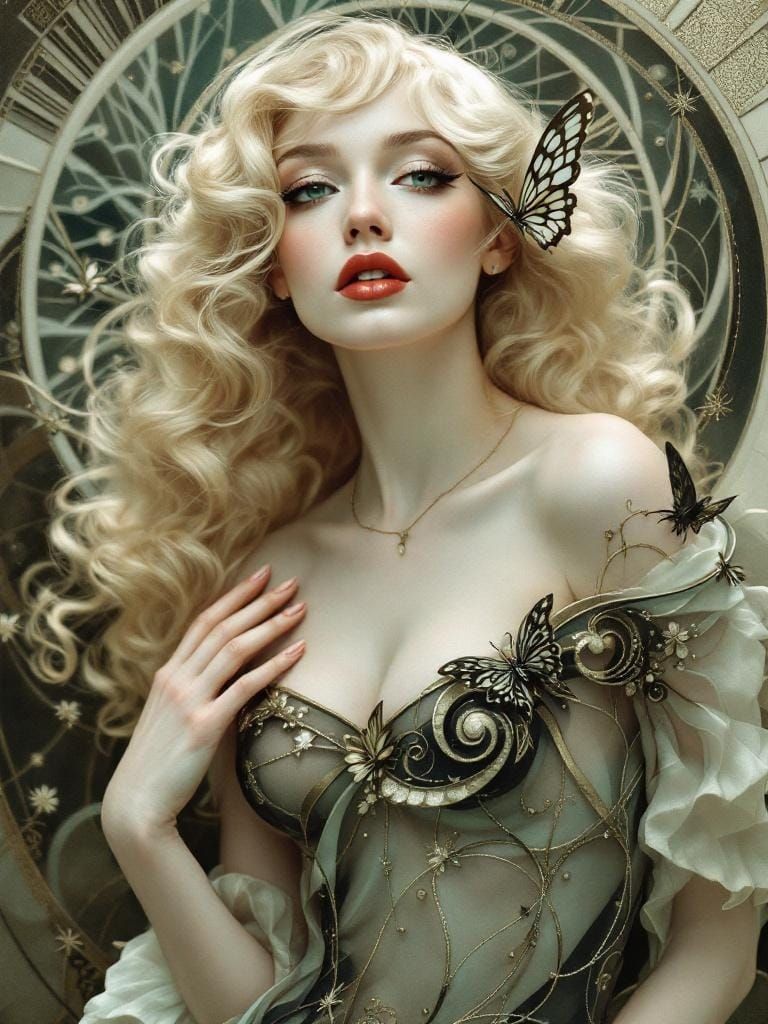 Art Nouveau Woman with Butterflies in Style of Nielsen and C...