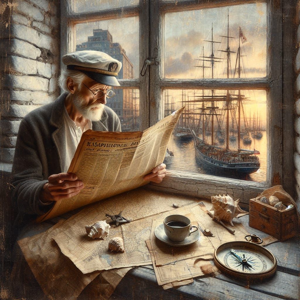 Sailor Reading Newspaper in Harbor, Vintage Oil Painting