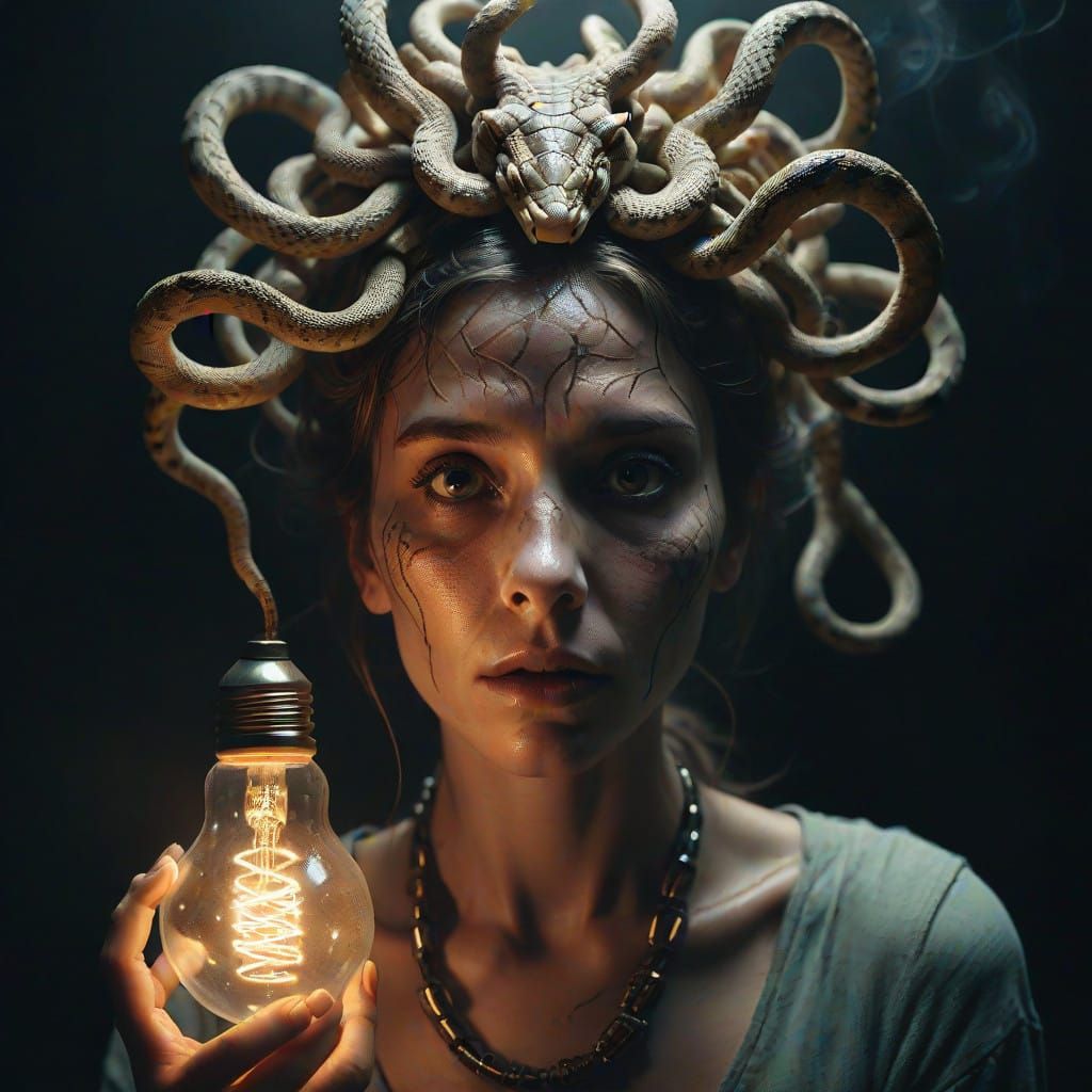 Surreal Woman Ensnared by Snakes in Radiant Light