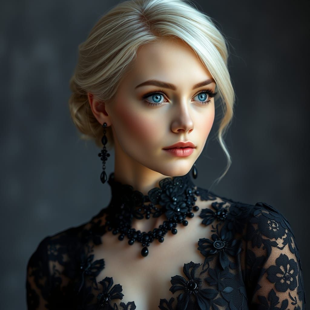 Ethereal Young Woman in Black Lace Gown