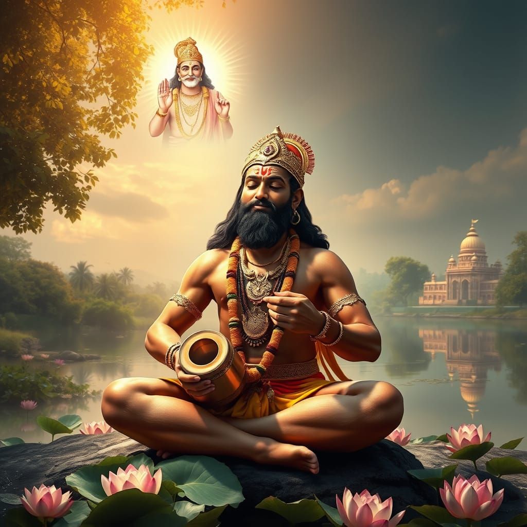 Lord Hanuman in Meditative Bliss, Playing Manjira with Devot...