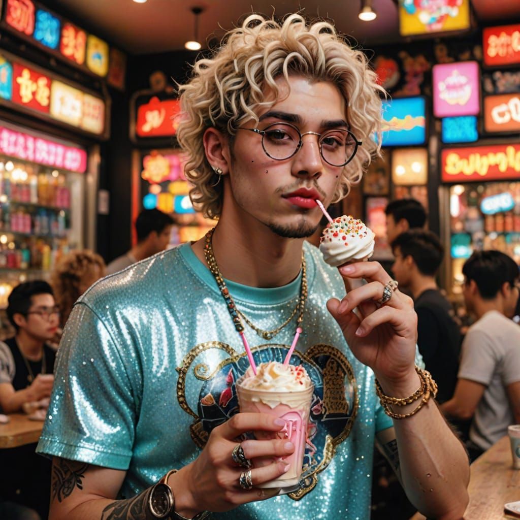 Grunge Aesthetic Young Guy with Japanese Jewellery and Triba...