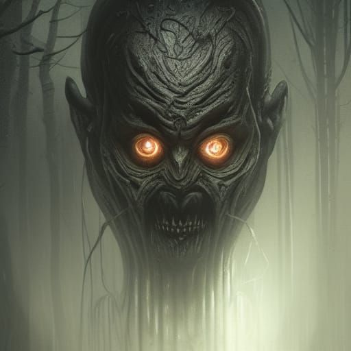Sinister Wooden Face in Moonlit Forest