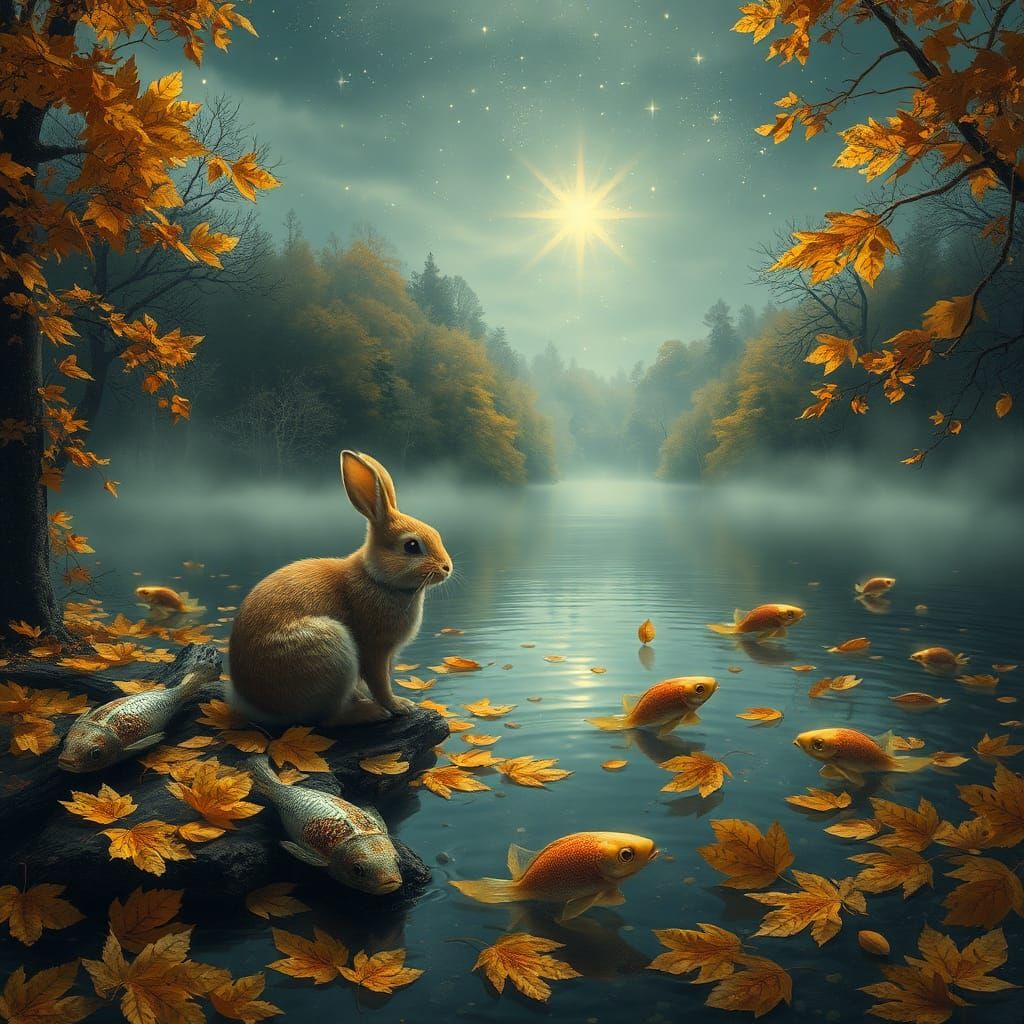 Surreal Autumn Landscape with Bunny in Dreamscape