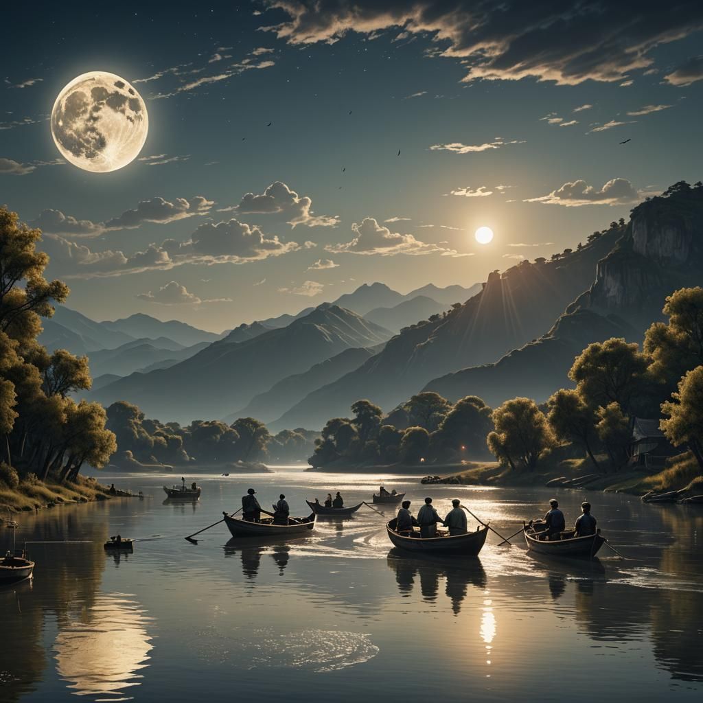Fishermen on River at Twilight: Digital Matte Painting