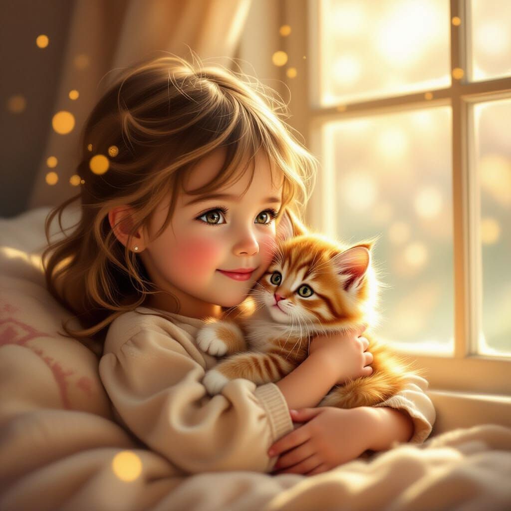 Girl Cradles Fluffy Ginger Kitten in Golden Hour Light