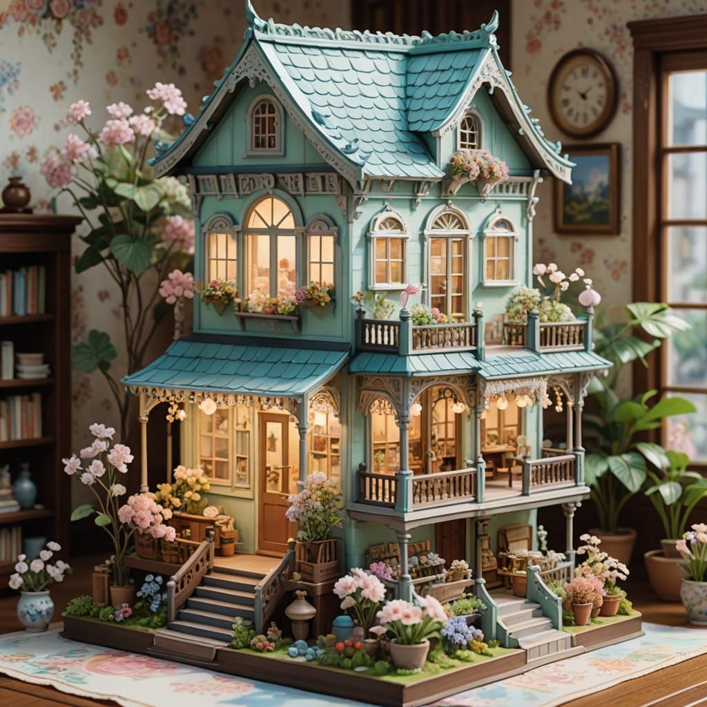 Whimsical Miniature Dollhouse in Pastel Hues