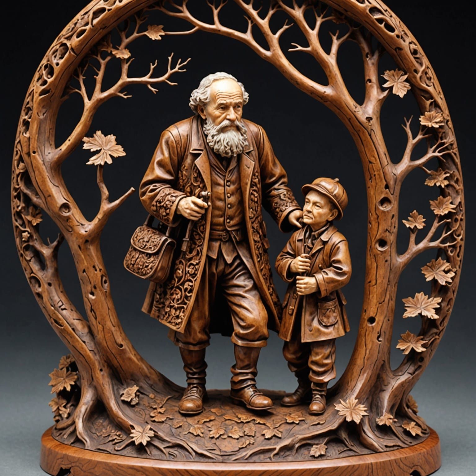 Intricate Wood Carving of Grandfather and Grandson