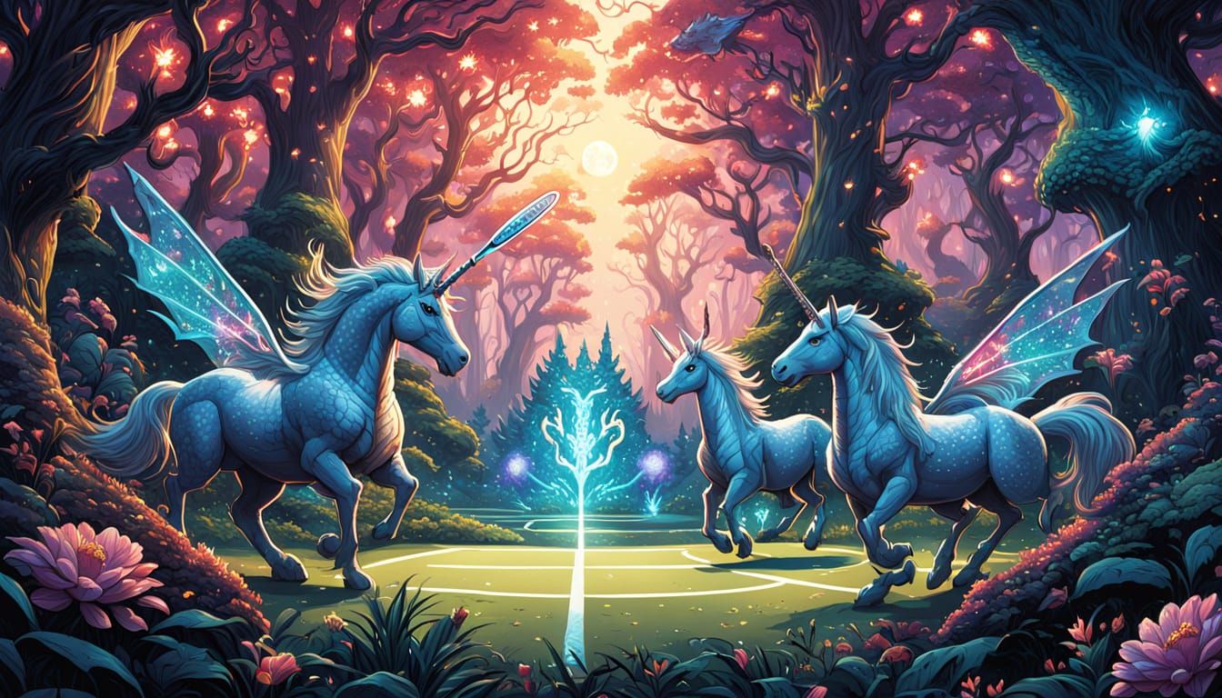 Unicorns and Dragons Play Tennis in Magical Forest