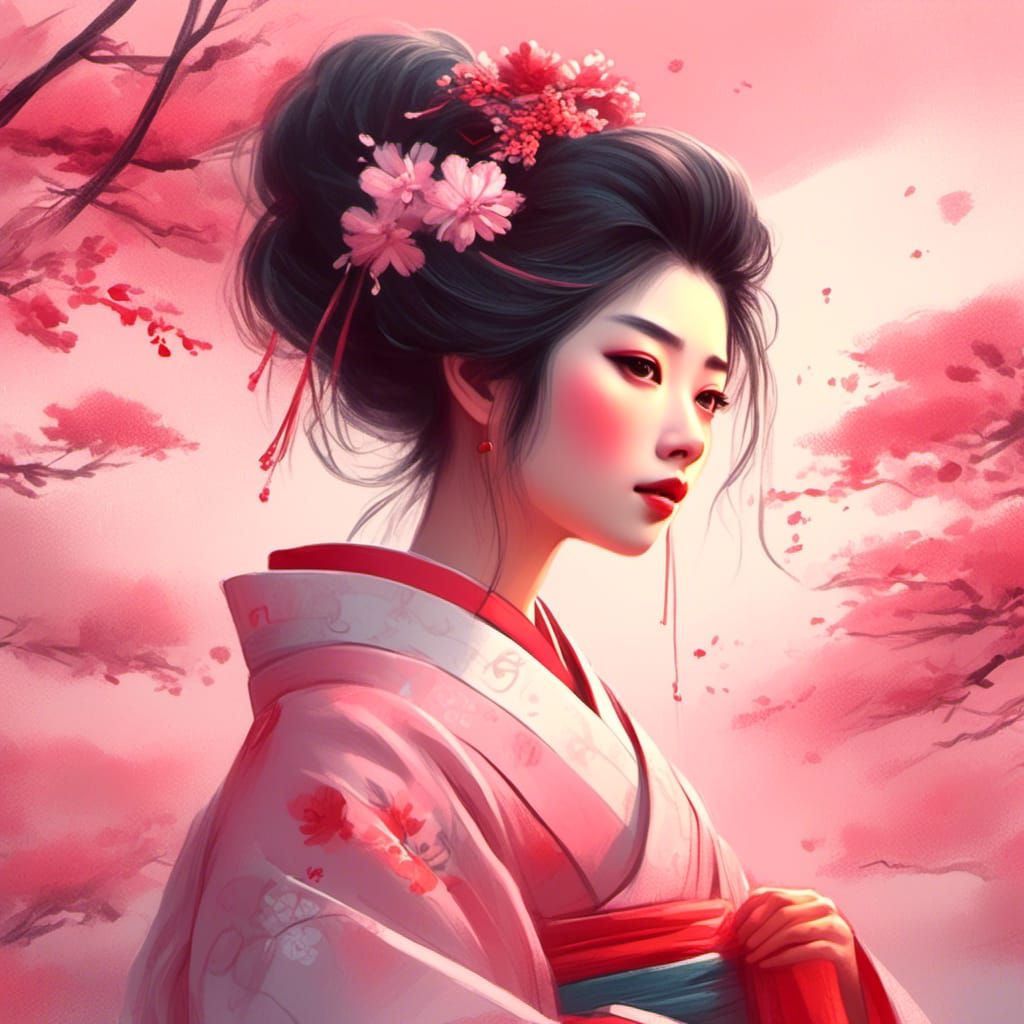 Anime Portrait of Geisha in Traditional Costume