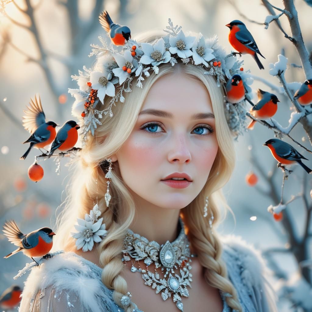 Ethereal Russian Beauty in Winter Landscape