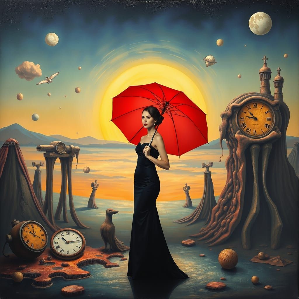 Woman with Red Umbrella in Surrealist Dreamscape