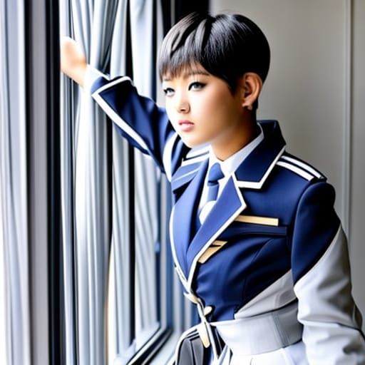 Japanese Teen with Pixie Cut Staring Out Window