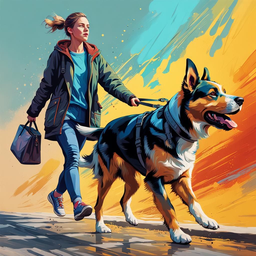 Hyperrealistic Woman Walking Dog: Splash Art