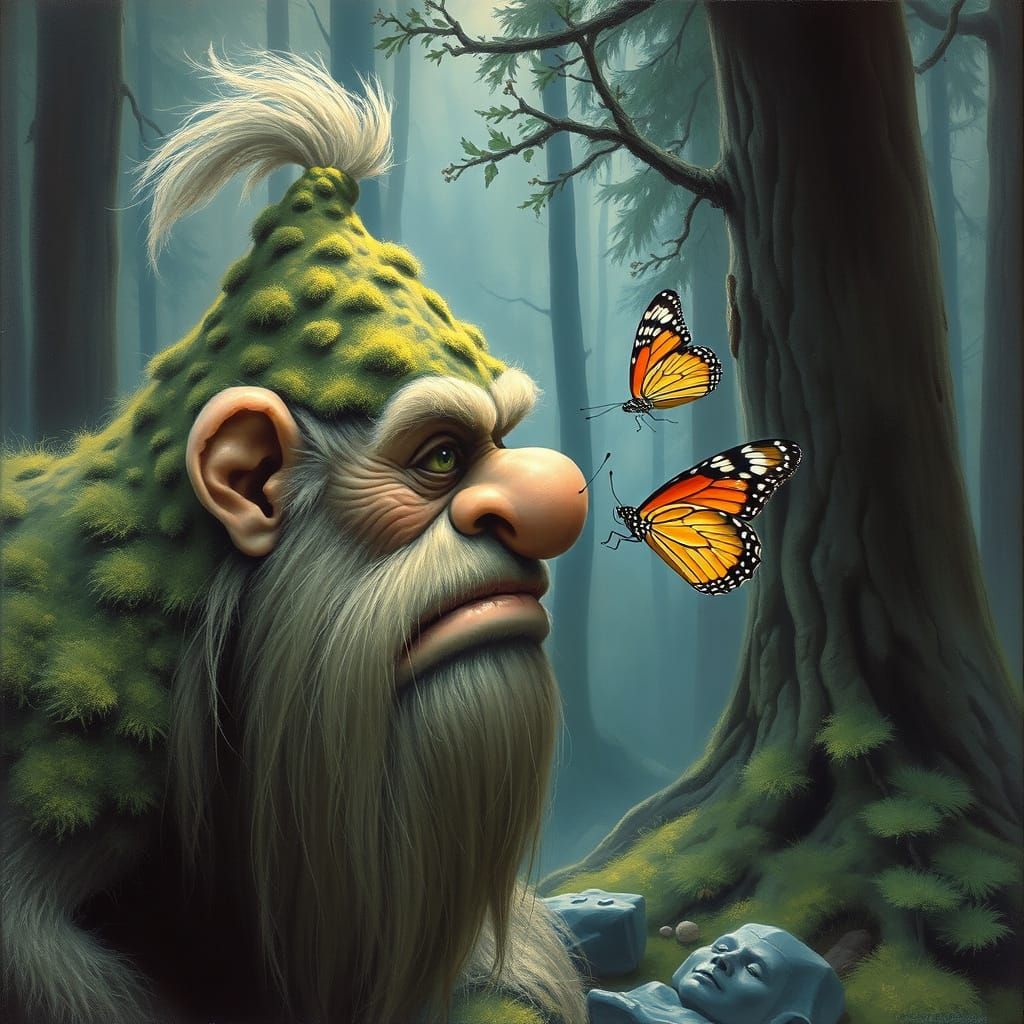 Scandinavian Troll and Butterfly in Frazetta Style